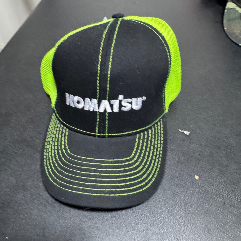 Komatsu Trucker Hat Mens OSFA Black Neon Green Mesh Back Embroidered Logo